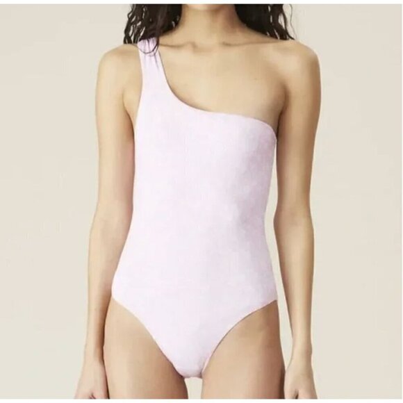 NWT Ganni One Shoulder Floral Cherry Blossom Pink Bathing Suit Size 38 Medium - Picture 1 of 9
